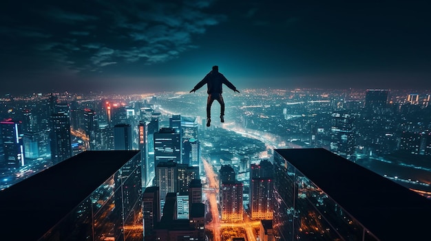 Un joven salta sobre el techo de un rascacielos y mira la vista nocturna de una gran ciudad IA generativa