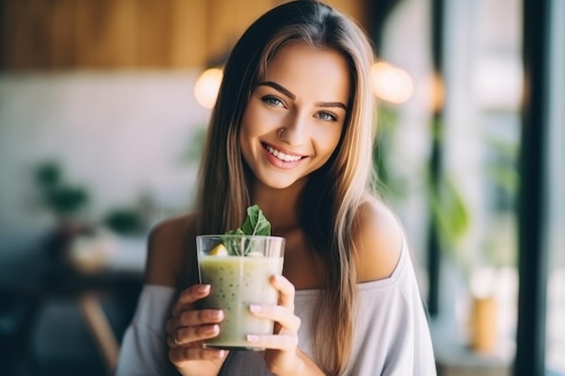 Foto una joven sana disfrutando de un batido de frutas frescas en casa con una bebida saludable