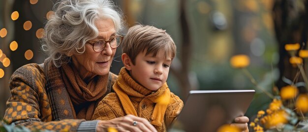 Un joven satisfecho y su abuela usando una computadora portátil afuera