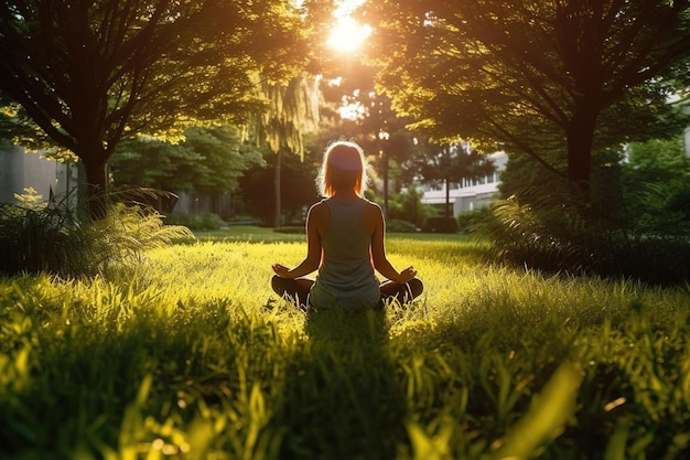 Una joven sentada en el césped practicando yoga hecha con IA generativa