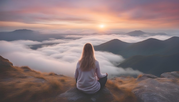 joven sentada en la cima de una montaña pacíficamente