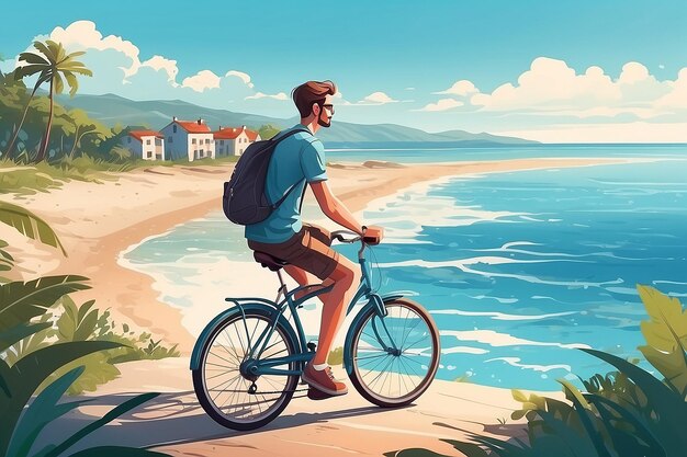 Foto un joven sentado en una bicicleta mirando el mar en una ilustración vectorial de un día de verano