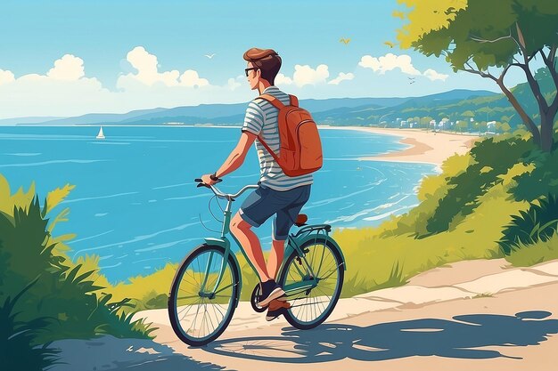 Un joven sentado en una bicicleta mirando el mar en una ilustración vectorial de un día de verano