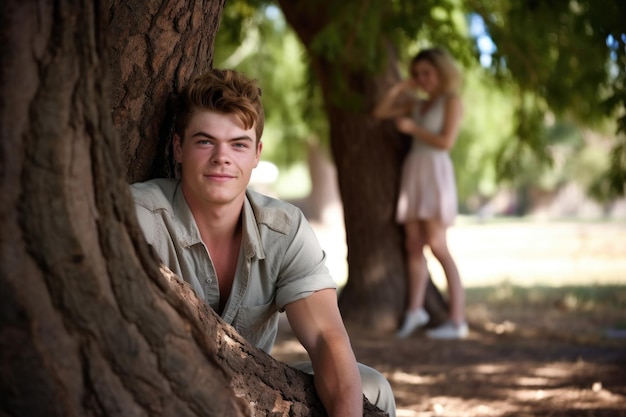 Un joven sentado debajo de un árbol con su novia en el fondo creado con inteligencia artificial generativa