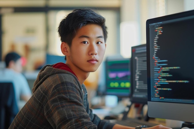 un joven sentado frente a un monitor de computadora