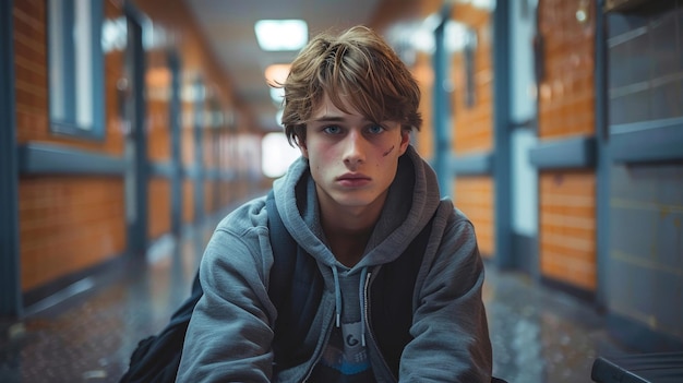 Foto un joven sentado en un pasillo con una mochila