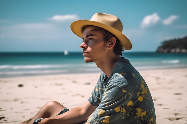 un, joven, sentado, en la playa, mirar el mar