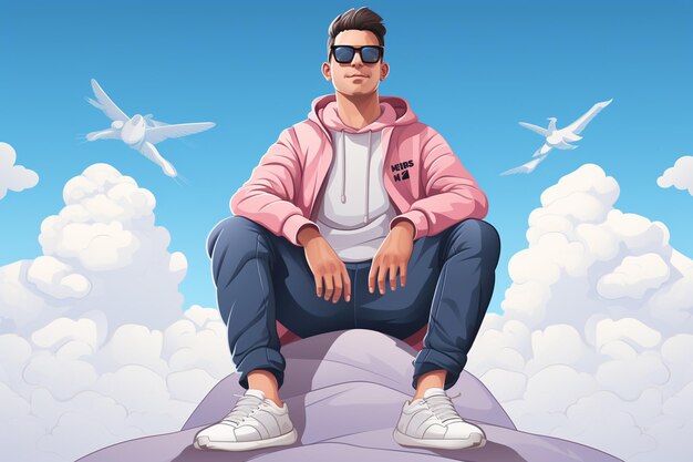 Joven sentado en una roca con nubes en el fondo Ilustración vectorial