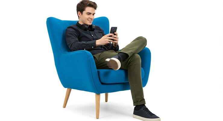 Un joven sentado en un sillón azul sosteniendo un teléfono inteligente