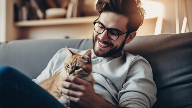 Foto un joven sentado en un sofá ama a su gato en su regazo.