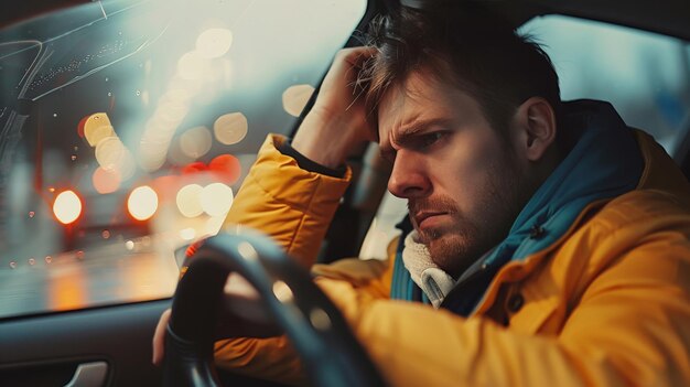Foto un joven sentado en su coche muy molesto y estresado después de un gran fracaso y moviéndose en un atasco de tráfico