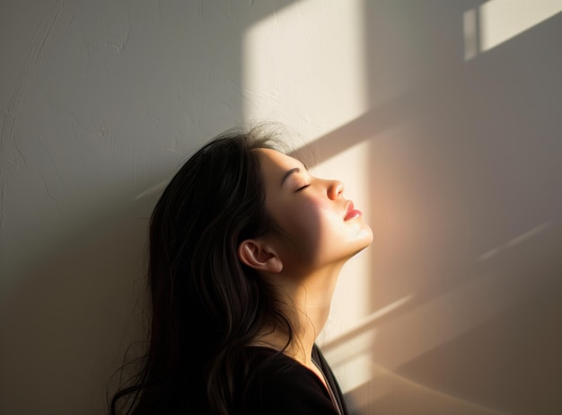 Una joven serena disfrutando de la luz del sol en el interior