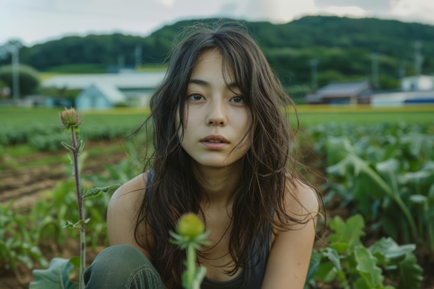 Una joven serena posando en un campo verde exuberante con un espectacular cielo nublado abrazando la belleza natural