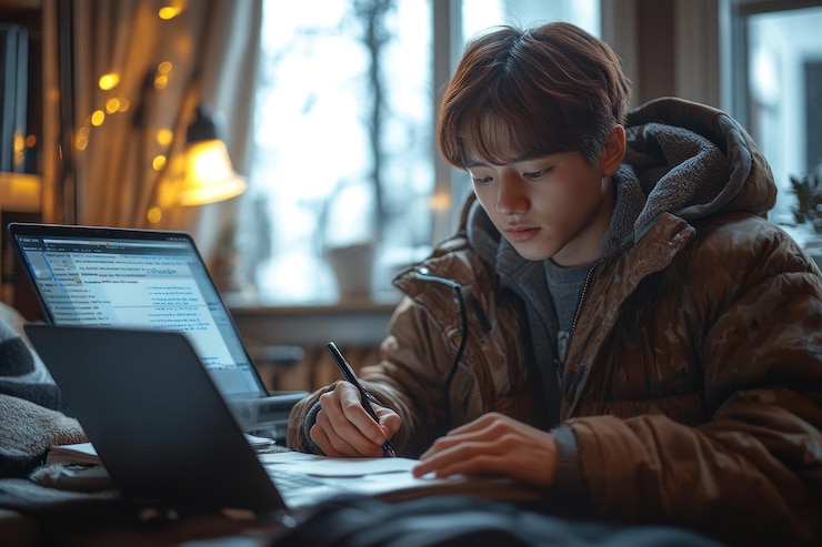 Foto un joven se sienta en un escritorio en una habitación acogedora trabajando en su portátil y escribiendo en un cuaderno está vestido con una chaqueta marrón y una sudadera gris con capucha