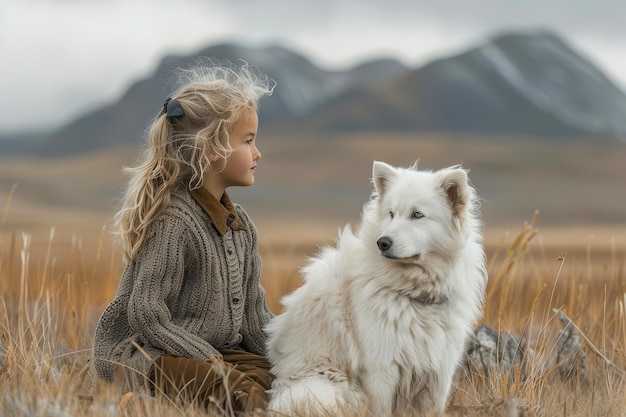 Una joven se sienta serenamente en un campo de montaña acompañada de su leal perro blanco ambos mirando hacia la distancia