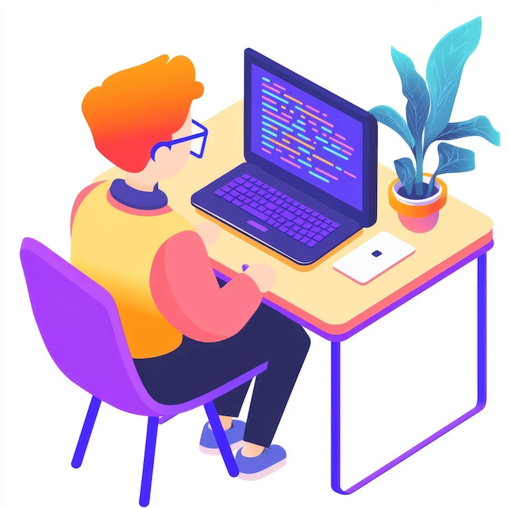 Foto un joven se sienta en una silla en un escritorio mirando una pantalla de computadora que muestra un código