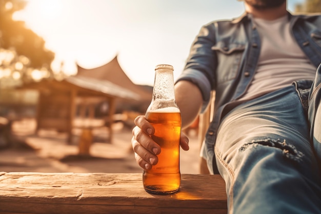 Un joven se sienta solo en una calle de verano con una botella de cerveza en la mano Concepto de tristeza y soledad con el hábito no saludable del consumo de alcohol