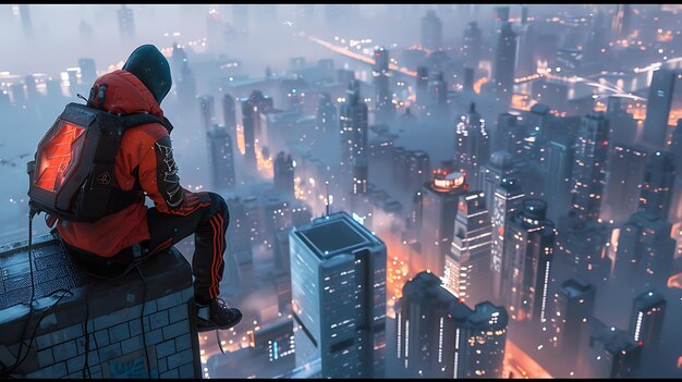 Foto un joven se sienta en un techo con vistas a una ciudad futurista lleva un traje rojo y negro y una máscara