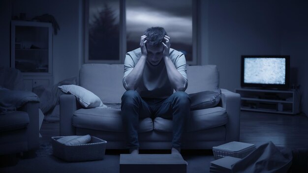 Un joven se siente deprimido mientras está sentado solo en casa.