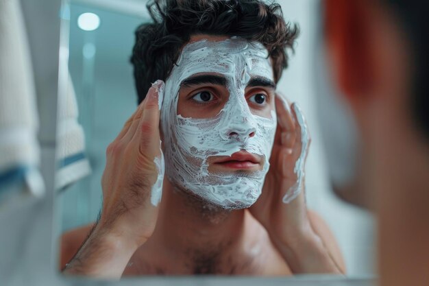 Foto el joven se siente raro y feo aplicando una máscara facial en casa.