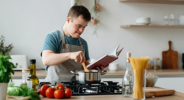 Un joven con síndrome de Down cocinando en un interior de cocina moderno