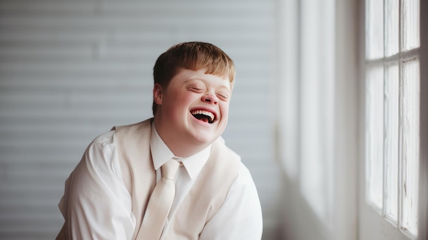 Un joven con síndrome de Down es capturado en un momento conmovedor. Tiene una sonrisa brillante y alegre que irradia felicidad.