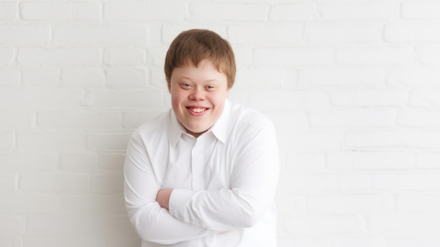 Un joven con síndrome de Down es capturado en un momento conmovedor. Tiene una sonrisa brillante y alegre que irradia felicidad.