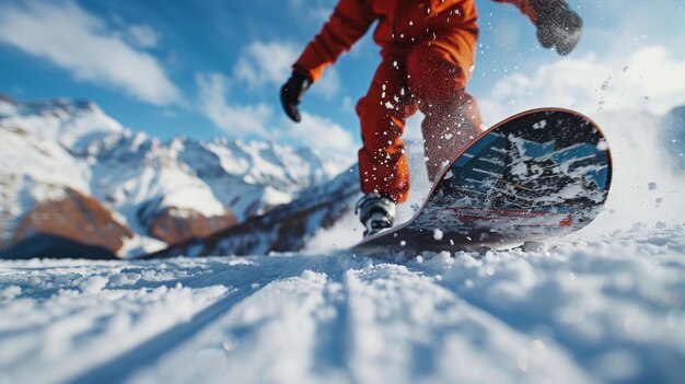 Un joven snowboarder baja una montaña alpina a alta velocidad