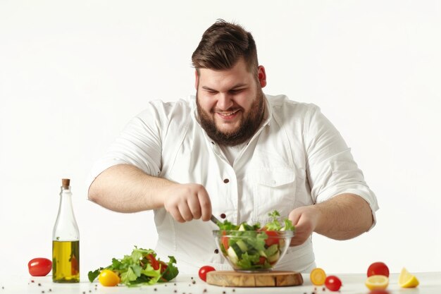 joven con sobrepeso preparando una deliciosa y saludable ensalada en la cocina para su dieta aislado sobre un fondo blanco