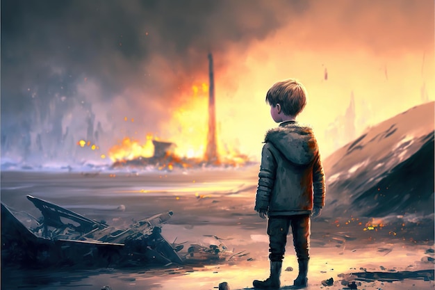 Joven sobreviviente en el mundo apocalíptico Un niño en el fondo de edificios destruidos Pintura de ilustración de estilo de arte digital