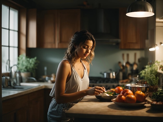 Una joven sola cocinando en la cocina.