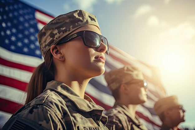 Una joven soldado con gafas de sol y uniforme militar