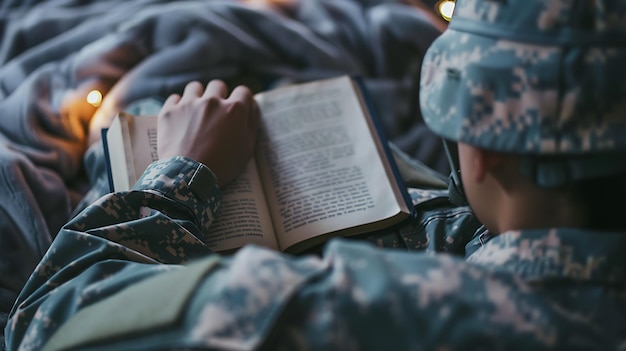 Un joven soldado pensativo leyendo un libro mientras se relaja en el cuartel.