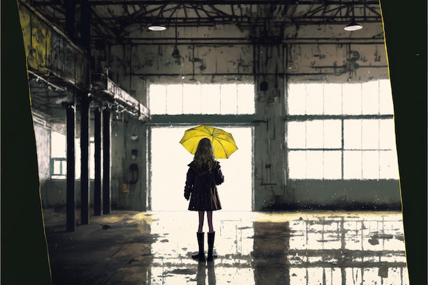 Una joven solitaria sosteniendo un paraguas amarillo de pie en un edificio abandonado en un día lluvioso ilustración de estilo de arte digital pintura ilustración de fantasía de una mujer con paraguas amarillo