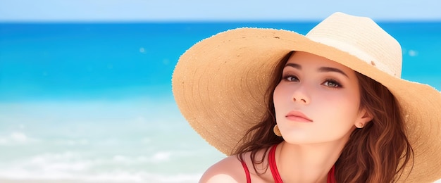 Una joven con un sombrero cerca del mar el concepto de vacaciones de verano en el mar para pancartas anuncios espacio de copia