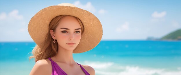 Una joven con un sombrero cerca del mar el concepto de vacaciones de verano en el mar para pancartas anuncios espacio de copia