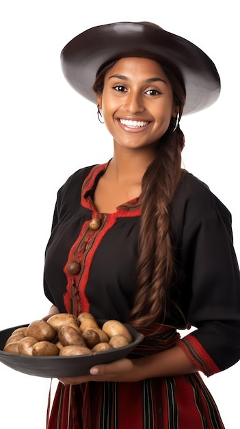 Una joven con un sombrero de cuero negro sosteniendo un plato con papas mirando al frente