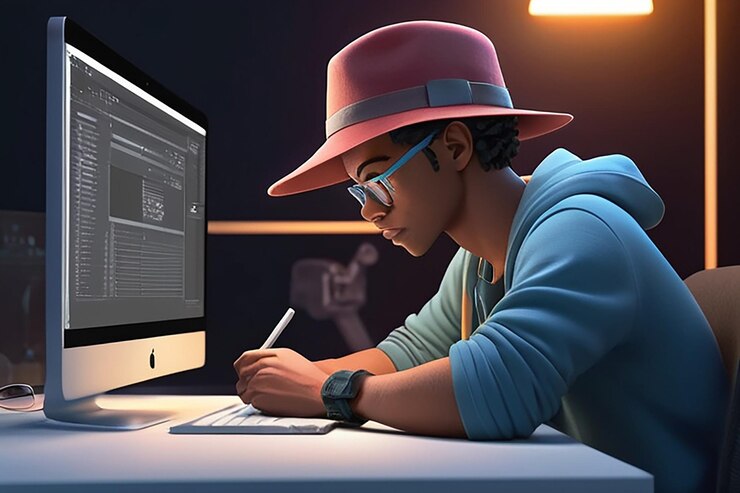 Foto joven con sombrero editando video ilustración de personajes en 3d