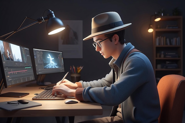 Foto joven con sombrero editando video ilustración de personajes en 3d