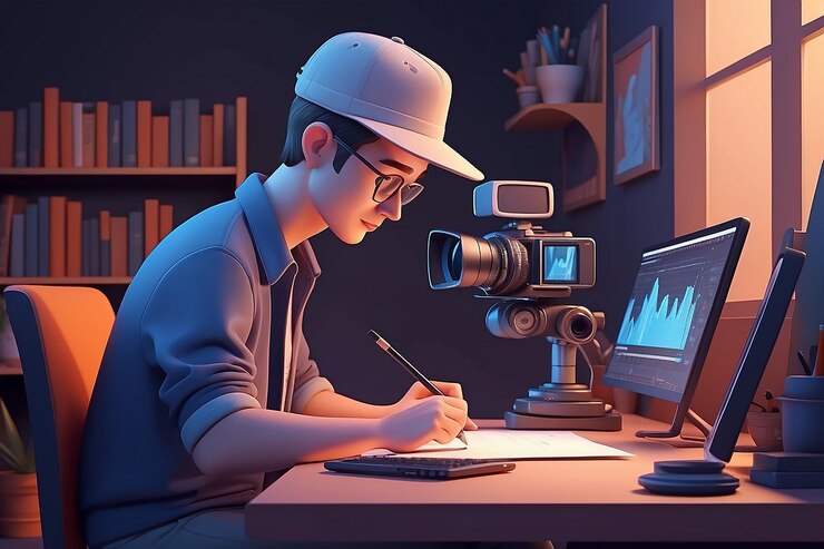 Foto joven con sombrero editando video ilustración de personajes en 3d