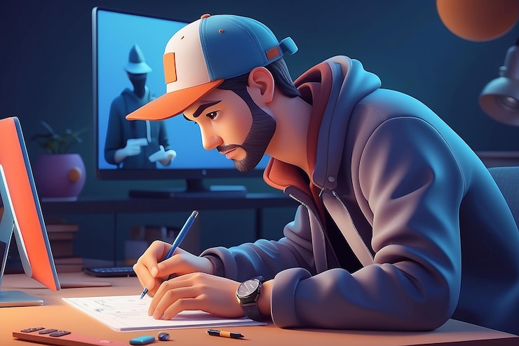 Foto joven con sombrero editando video ilustración de personajes en 3d