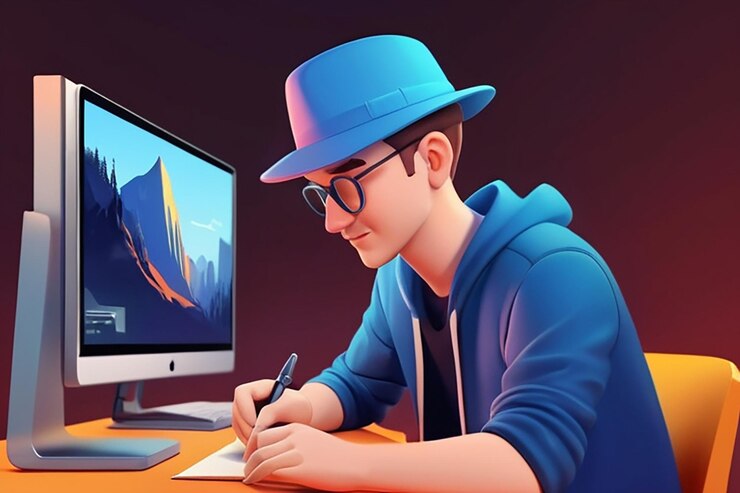 Foto joven con sombrero editando video ilustración de personajes en 3d