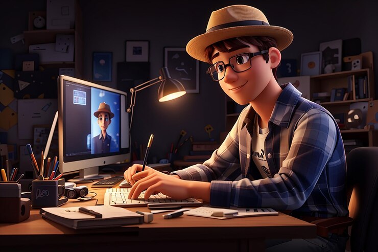 Foto joven con sombrero editando video ilustración de personajes en 3d