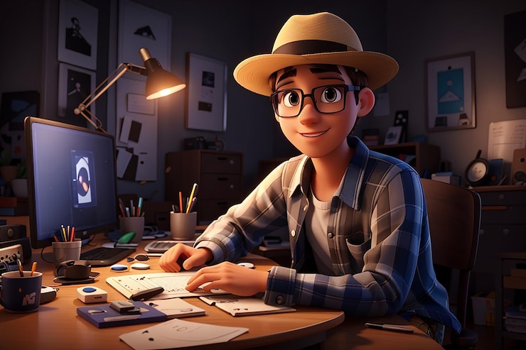 Foto joven con sombrero editando video ilustración de personajes en 3d