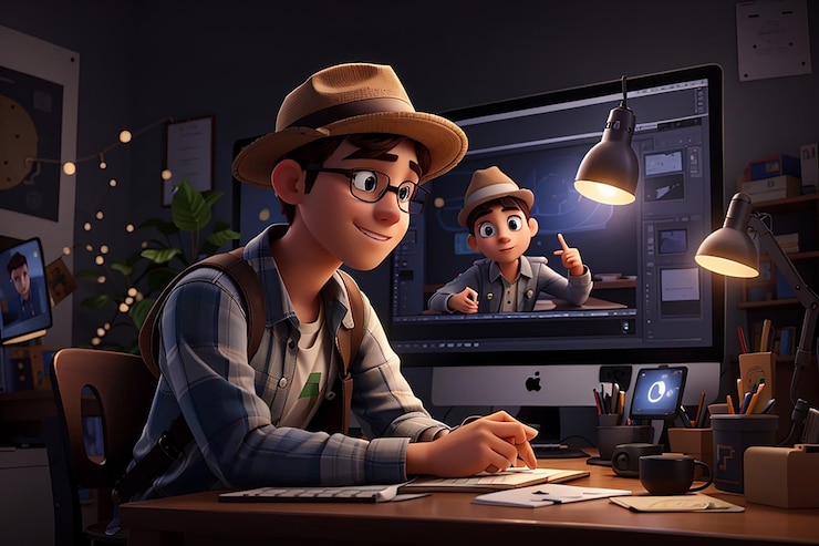 Foto joven con sombrero editando video ilustración de personajes en 3d