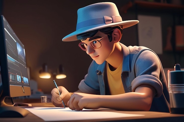 Foto joven con sombrero editando video ilustración de personajes en 3d