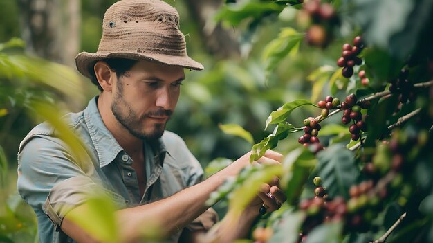 Un joven con un sombrero está cosechando granos de café de un árbol está sosteniendo la rama con una mano y recogiendo los granos con la otra mano