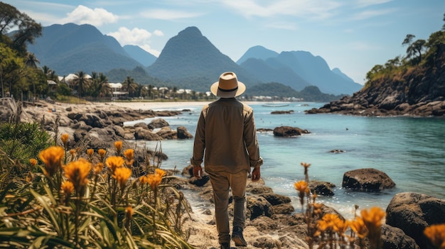 Un joven con sombrero de paja en la playa con montañas en un día soleado