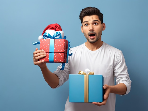 joven con un sombrero de Papá Noel con regalos aislado en el azul