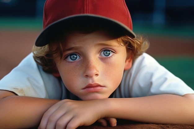 Un joven con un sombrero rojo y apoyado en un campo de béisbol